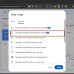Google Search Console showing “Compare last 24 hours week over week” option highlighted in the date range comparison settings