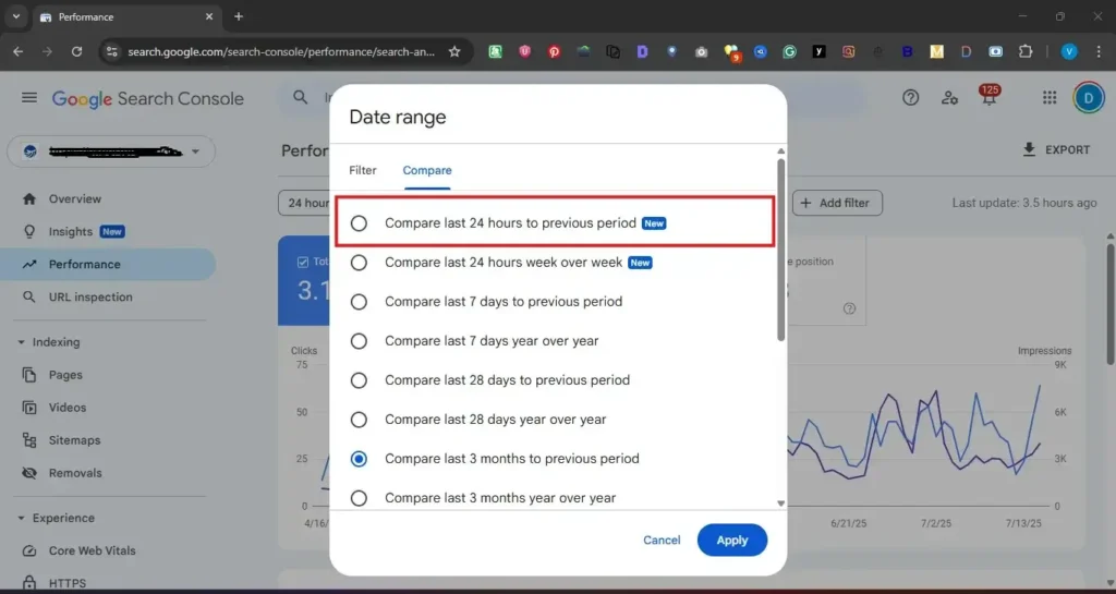 Screenshot of Google Search Console showing new “Compare last 24 hours to previous period” option in performance report filters.