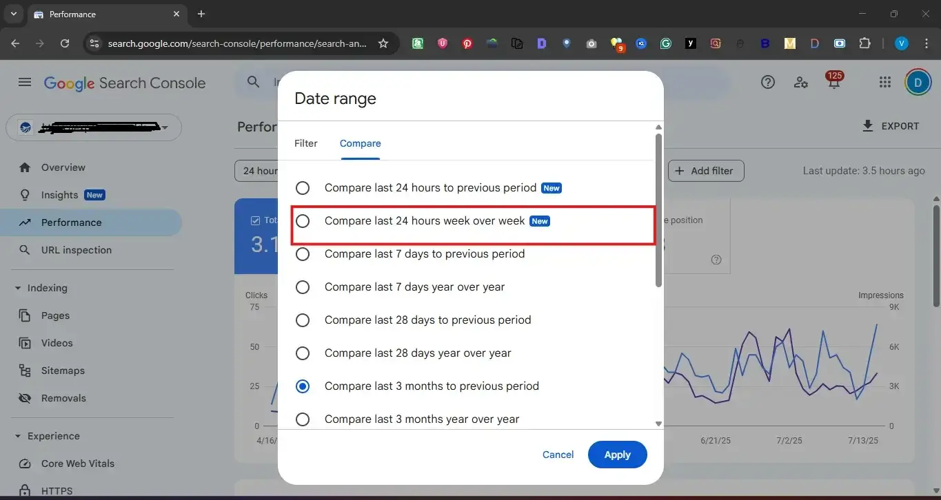 Google Search Console showing “Compare last 24 hours week over week” option highlighted in the date range comparison settings