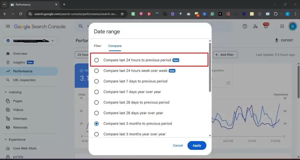 Screenshot of Google Search Console showing new “Compare last 24 hours to previous period” option in performance report filters.